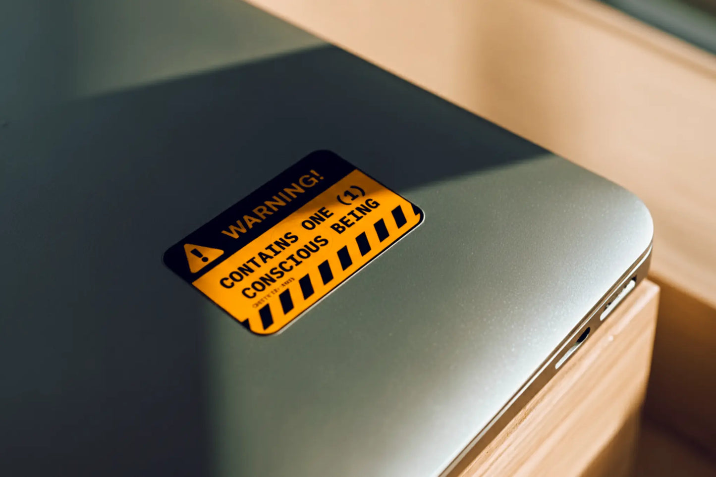 Warning Label Sticker — “Contains One (1) Conscious Being” — 3×2 in Waterproof Vinyl