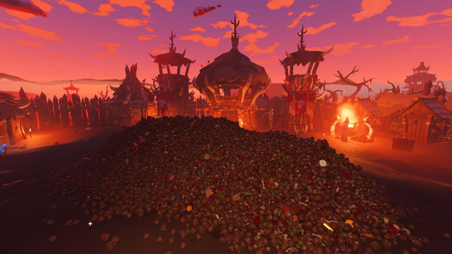 A huge heap of brown goblin droppings, flecked with coins, bones and scraps of loot, fills the yard of a spiked goblin war camp at sunset. Horned watchtowers and the chief's tent stand behind it against a pink and orange sky, and a bonfire burns to the right.