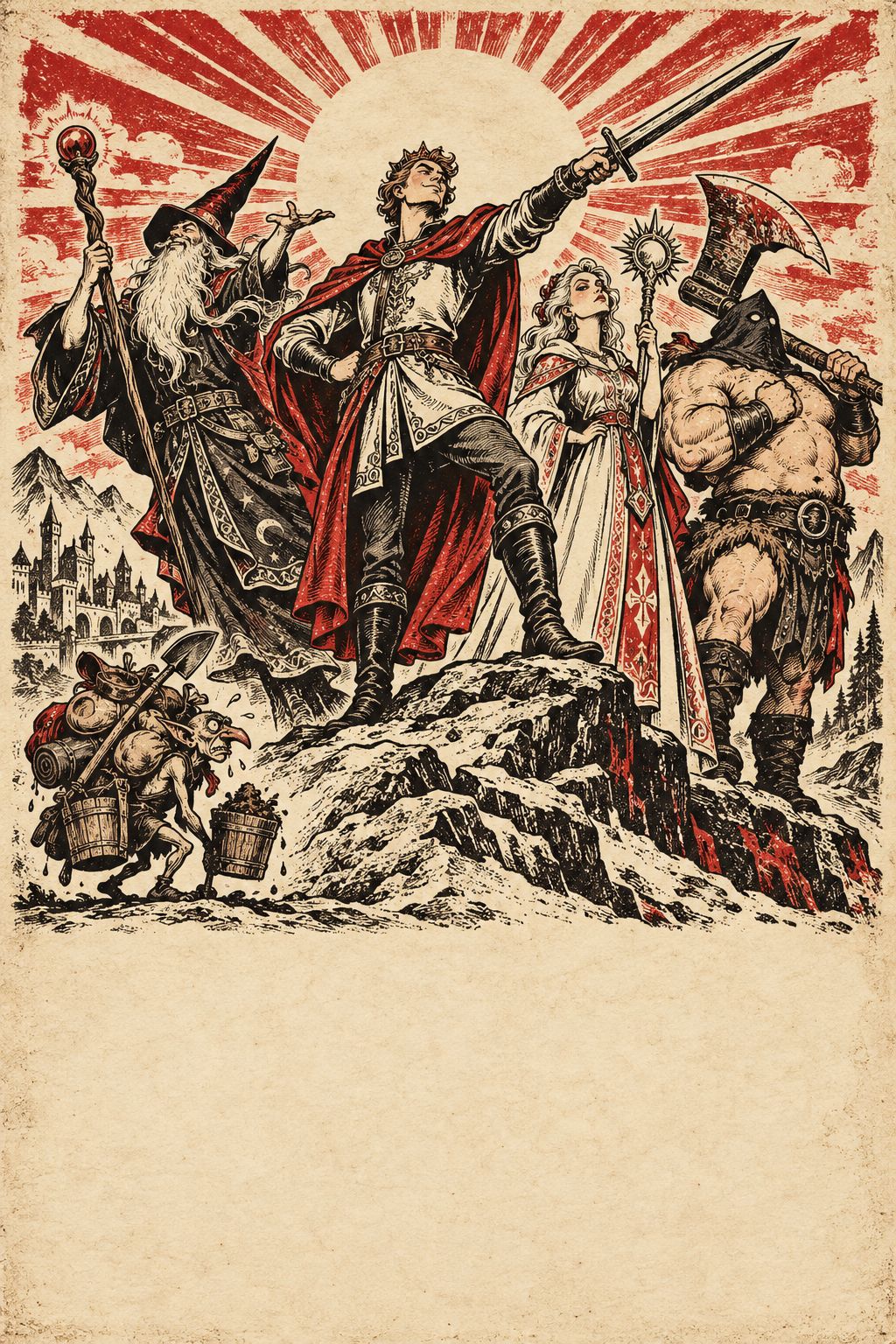 Woodcut-style poster of the Chosen Ones posing heroically on a rock under a red sunburst: a wizard, a crowned hero pointing a sword, a priestess and a hooded barbarian with an axe. Below them a hunched goblin roadie staggers along with buckets and an overloaded pack.