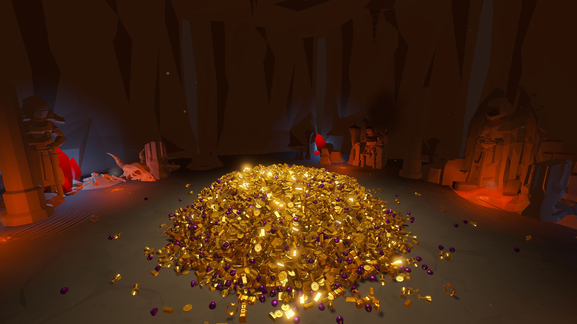 A mound of gold coins, ingots, chalices and purple gems glitters on the floor of a dragon's cave. A dragon skull, red crystals and a skeleton on a throne sit around the walls, lit by glowing embers.