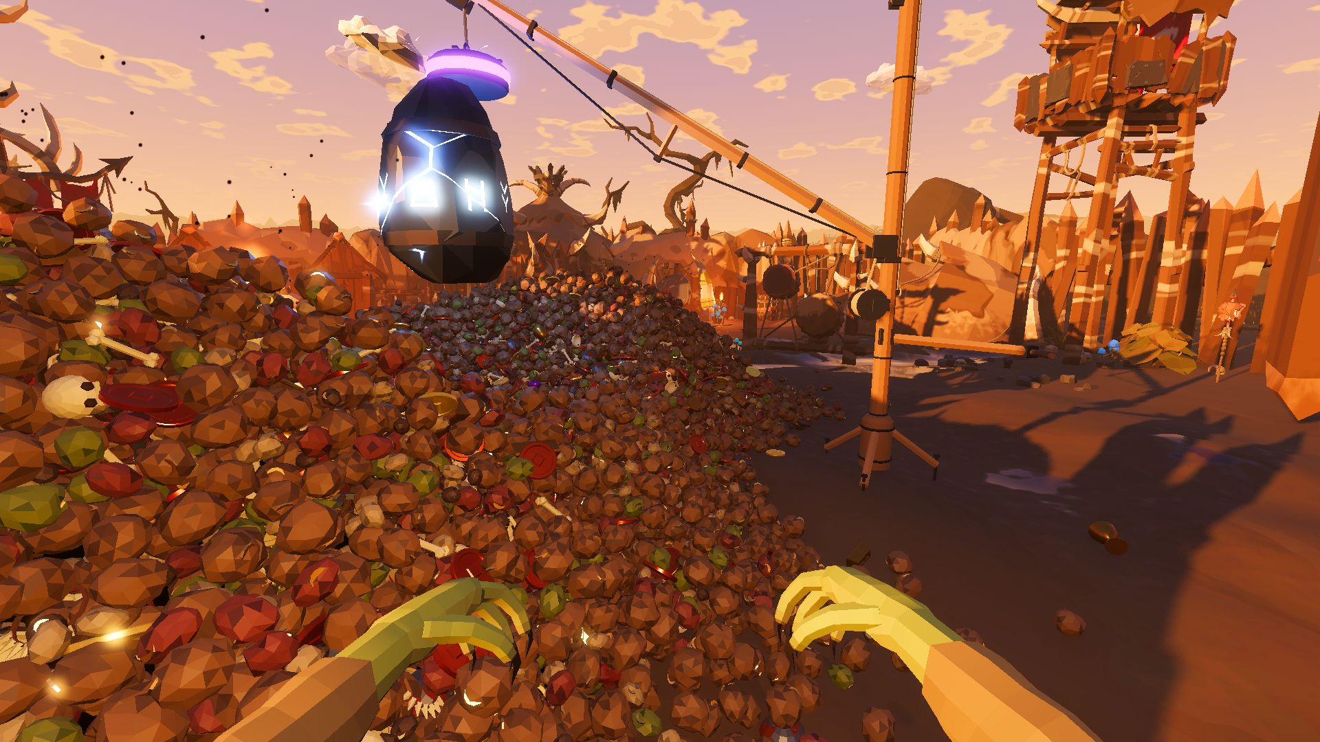 A dark meteor cracked with glowing blue runes hangs from the Lodestone Crane's line above the goblin camp heap, seen past the goblin's green hands, with the camp's watchtower and palisade behind.