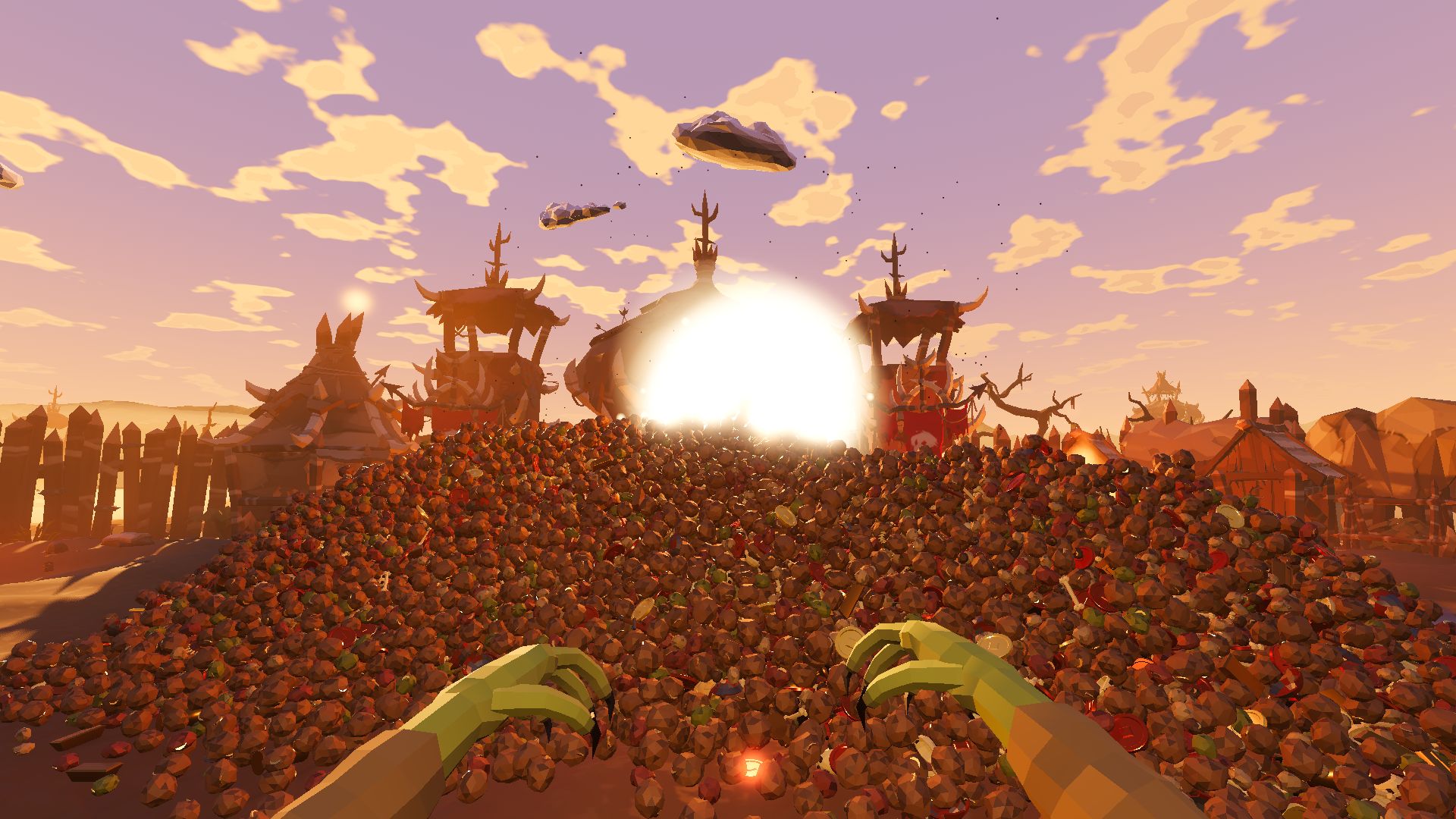 First-person view of a powder keg going off in a white flash on top of the goblin camp heap, while the goblin's clawed green hands fly up in front of the camera.