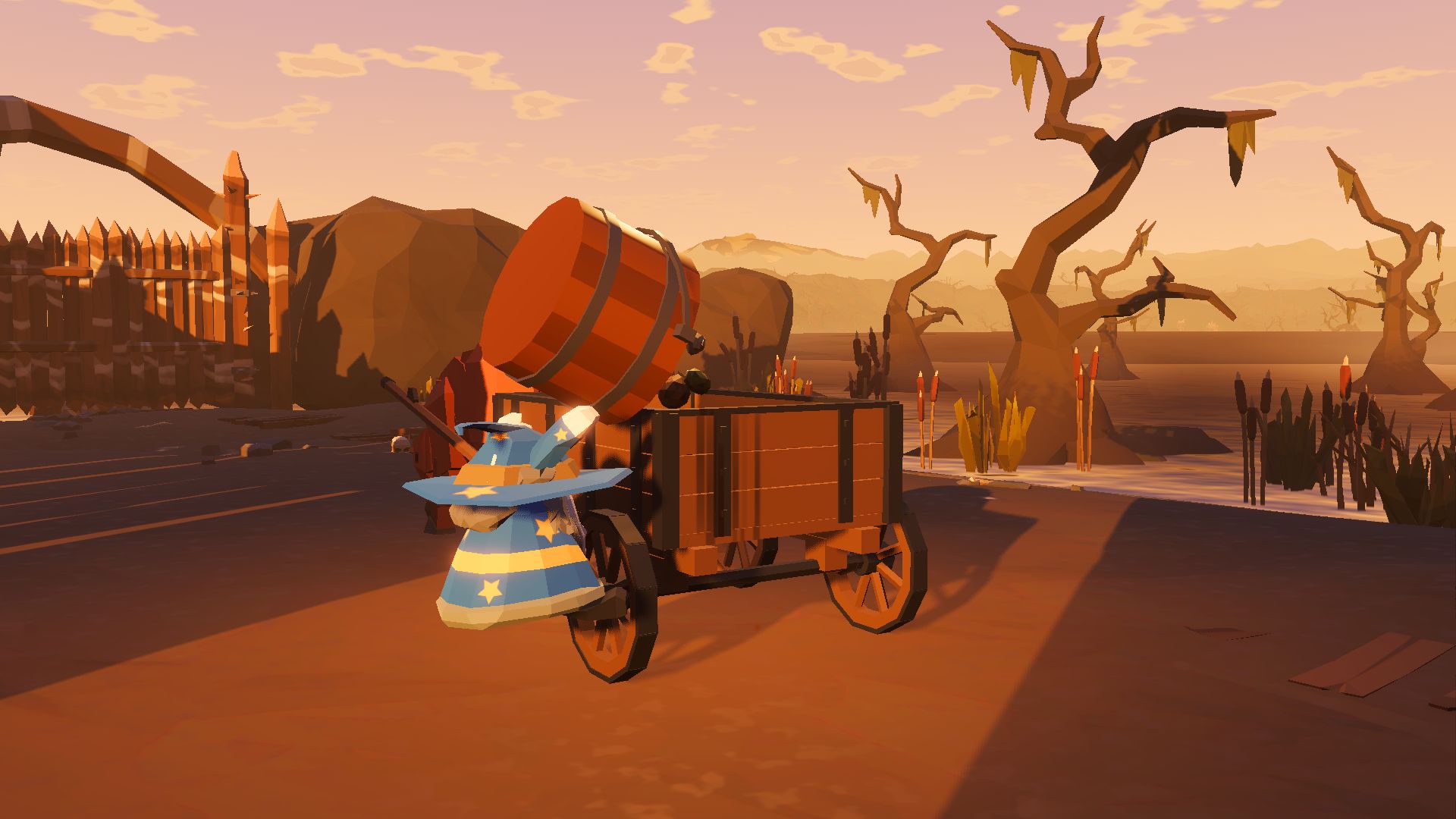 Wetson, a gnome in a blue star-patterned wizard robe and hat, tips a wooden bucket over his head into the side of a horse-drawn wagon, with a misty bog and dead trees behind.