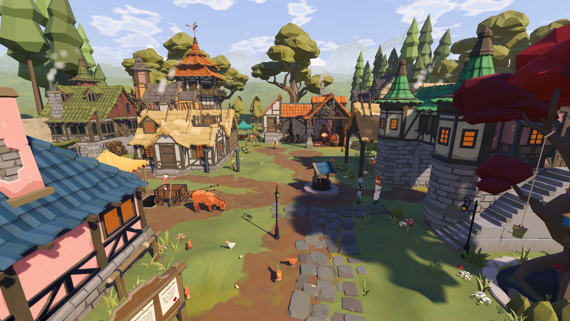 The village of Yonderburg on a sunny day: timber-framed houses with thatched and tiled roofs around a well, a cobbled path, chickens, a horse and cart and a smithy at the far end, with pine trees and hills behind.