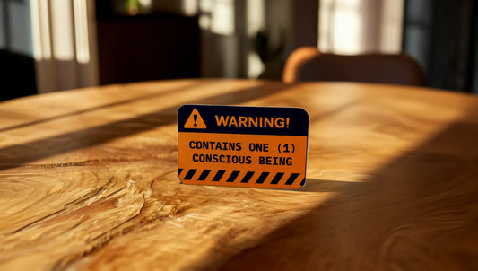 Warning Label Sticker — “Contains One (1) Conscious Being” — 3×2 in Waterproof Vinyl